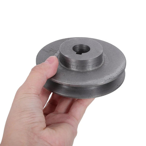 Sturdy Single Groove Cast Iron Motor Pulley With 100Mm O D And 19 Mm Bore For Air Compressor Shaft Replacement Easy Install And Smooth V Belt Drive Rotation held in hand.