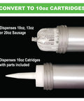 B-Line 20 Oz Manual Sausage Caulking Gun With 12:1 Drive, showing 10oz and 20oz cartridge compatibility.