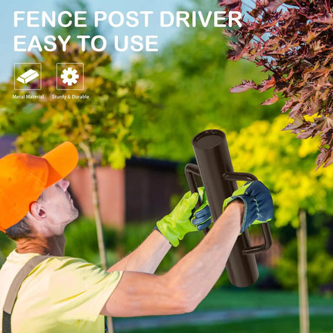 Person using Beefy Heavy Duty Fence Post Driver With Two Handles Steel Head 16.8 Inch T Post Rammer Brown Post Pounder outdoors