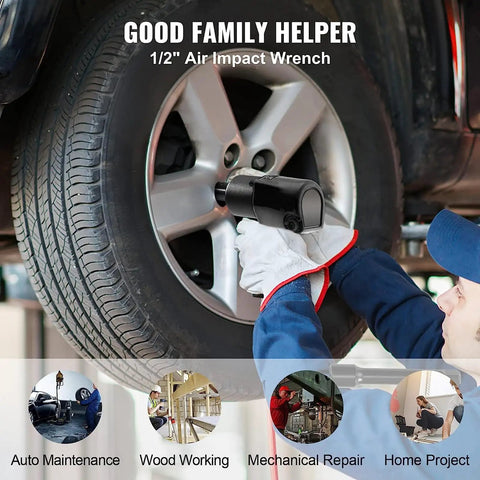 Half Inch Air Impact Wrench With Twin Hammer Punch And Boss Level Torque Heavy Duty Pneumatic Impact Gun in use on a tire.