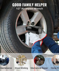 Professional Grade Half Inch Pneumatic Air Impact Wrench Yanks Stuck Bolts Free With Relentless 880 Foot Pounds Of Torque And Boasts An Anti Slip Grip Plus Tough Alloy Steel Frame For Real Shop Grind being used on car wheel.