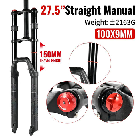 Dual Crown MTB Air Fork 27.5 29 Inch with 150mm Travel, Rebound Adjust 32mm Stanchions, 15 by 100mm, 9 by 100mm Axles