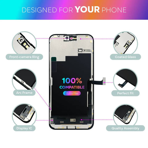 IPhone 15 Pro Max 6.7 Inch Screen Replacement Kit With 3D Touch Digitizer Assembly, front view of components