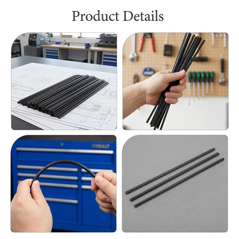 Black Plastic Welding Rods Set 100 Pcs Pro Grade Polypropylene 7.87 Inch Flexible and Durable for Car Bumpers and Kayak Repairs Easy DIY Weld Kit with Nearly Invisible Seam Finish, black PP rods shown stacked and bent