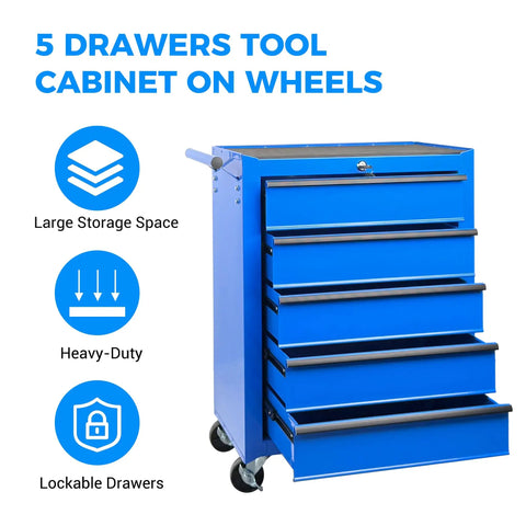 Heavy Duty 20 Inch Rolling Tool Chest Featuring 5 Slick Ball Bearing Drawers Rock Solid 360 Swivel Casters Scratch Proof Steel Work Top Blue Garage Organizer with open drawer