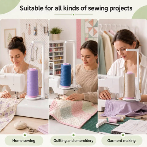 Heavy Duty Thread Spool Stand For Sewing Machines And Sweet White Cone Holder With Massive Capacity used for home sewing, quilting, and garment making.