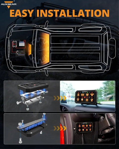 Diagram showing easy installation of 8 Gang RGB Switch Panel 5 Inch Large for Car Truck SUV RV Camper Van Offroad 12V Toggle Momentary Pulsed