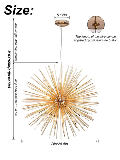 Dope Gold Sputnik Chandelier Light Fixture With 12 E12 Holders, Modern Aluminum Firework Style Ceiling Pendant dimensions