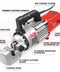 Centall 1 Inch Electric Hydraulic Rebar Cutter RC25 Red showing metal cover, rubber handle, and Cr12MoV cutting blade for efficient cutting.