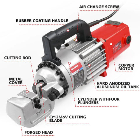 Centall 1 Inch Electric Hydraulic Rebar Cutter RC25 Red showing metal cover, rubber handle, and Cr12MoV cutting blade for efficient cutting.
