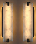 22" Natural Square Alabaster Marble Modern Bathroom Black Wall Sconce with soft glowing light.