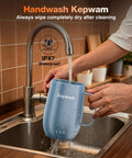 Keep Your Daily Grind Piping Hot All Day Long With This Badass Rechargeable Self Heating Coffee Cup Featuring Adjustable Temp Control And Snag It Up Now For That Perfect Sippin Experience, blue handwash mug under faucet.