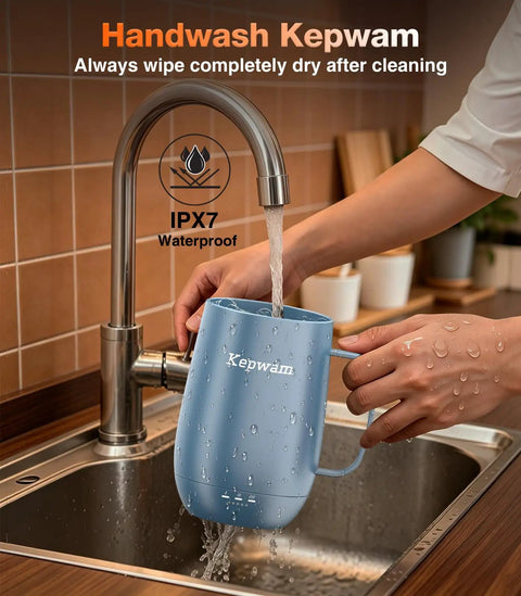 Keep Your Daily Grind Piping Hot All Day Long With This Badass Rechargeable Self Heating Coffee Cup Featuring Adjustable Temp Control And Snag It Up Now For That Perfect Sippin Experience, blue handwash mug under faucet.