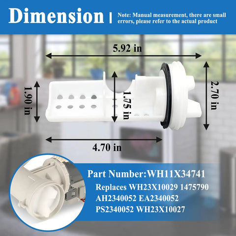 Washer Drain Pump Filter Replacement dimensions showing 5.92x1.90x4.70 inches for WH23X10029, WH23X10027, and AP7205454.