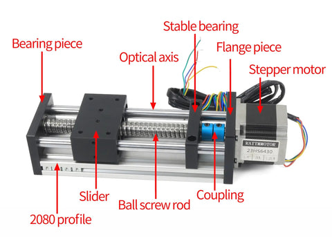 400mm Travel CNC Linear Stage Actuator With 1605 Ball Screw Double Optical Axis Rails Nema23 Stepper Motor front view