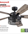 Carnegie Industrial 52 Inch Ceiling Fan With Remote And LED Light, 5 Blades In Gray Pine, Matte Black For Large Indoor Rooms