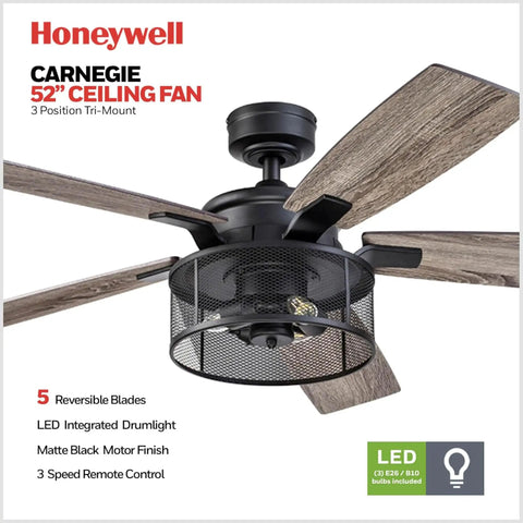Carnegie Industrial 52 Inch Ceiling Fan With Remote And LED Light, 5 Blades In Gray Pine, Matte Black For Large Indoor Rooms