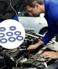 12 Pack Aluminum Oil Drain Plug Gaskets For Oil Pan Seal Durable Asbestos Free Gasket Set With Tight Seal To Prevent Leaks Ideal For Cars And Trucks For Most Vehicles. Mechanic inspecting aluminum oil drain plug gaskets in engine bay