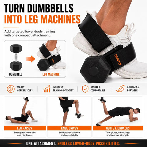 Dumbbell Foot Attachment For Glute Kickbacks And Hamstring Curls with adjustable ankle strap on shoe in use for leg exercise