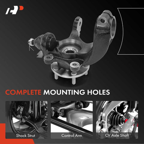Front Left Steering Knuckle And Wheel Bearing Hub Assembly For Ford Transit Connect 2011 2012 2013 Driver Side Direct Fit Replacement Part With Durable Sealed Bearings And Hubs For Smooth Handling And Long Lasting Performance, shown with mounting holes and related components.