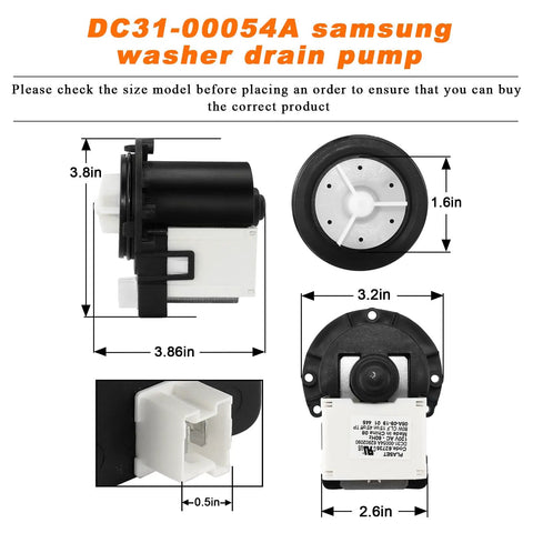 Upgraded Washer Drain Pump Replacement DC31-00054A 62902090 dimensions and components