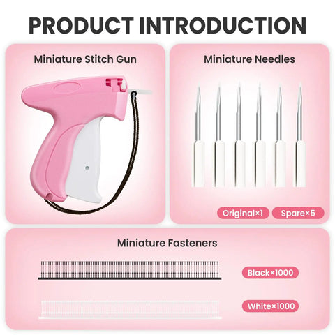 Upgraded Handheld Stitch Gun For Quick Clothing Fixes Smart Tagging Tool, pink with needles and fasteners for fabric mending.