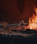 Five Piece Blacksmith Tools Kit With Pro Grade V Bit Tongs V Bit Bolt Scrolls Square Jaw And Blade And Hammer in use by forge fire