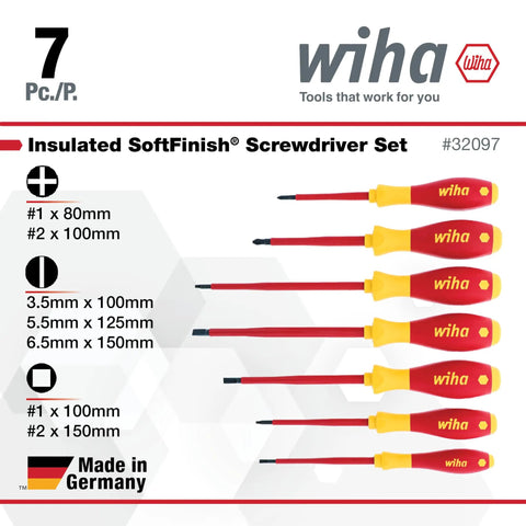 Insulated SoftFinish 7 Piece Screwdriver Set Pro Grade VDE Tested Up To 1000V, Slotted 3.5 5.5 6.5mm, Phillips 1 And 2, Square 1 And 2