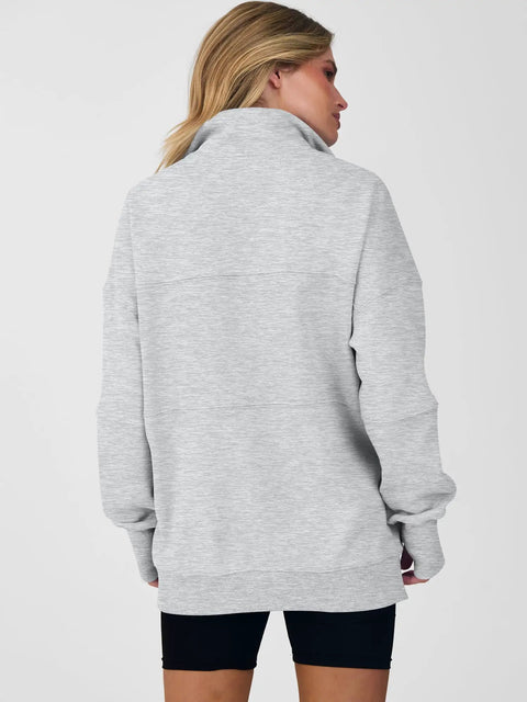 Back view of Womens Quarter Zip Sweatshirt With Oversized Hood Light Gray Cozy Lounge Essential Relaxed Fit Everyday Wear Size Small