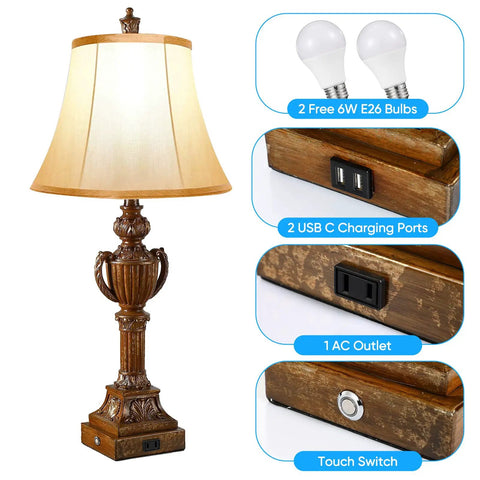 29 Inch Touch Control Traditional Table Lamps Set Of 2 Bronze Finish Bedside Lamps With Dual USB Ports And 1 AC Outlet Create Cozy Vibe In Bedroom Or Living Room Two Bulbs Included