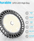 UFO Led High Bay Light 150W 21,750 Lumen 5000K Dimmable One To Ten Volt UL Listed with detailed specifications displayed