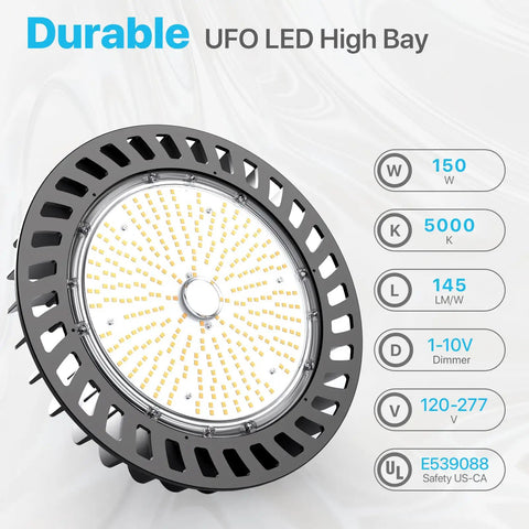 UFO Led High Bay Light 150W 21,750 Lumen 5000K Dimmable One To Ten Volt UL Listed with detailed specifications displayed