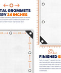 Diagram showing features of extra heavy duty 14 mil tarp cover, waterproof and UV resistant, with metal grommets every 24 inches.