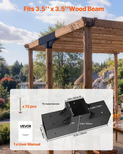 Heavy Duty 3 Way Pergola Brackets Kit For 4x4 Wood Beams 3.5x3.5 Inch T Shape Connectors Installed on Outdoor Pergola.
