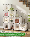 Closet Organizer 12 Cube Storage System With Rubber Mallet Portable Shelves For Kids Bedroom And Office Transparent White 11.8 Inch Cubes displayed in living room