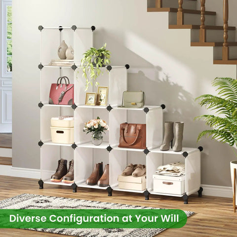 Closet Organizer 12 Cube Storage System With Rubber Mallet Portable Shelves For Kids Bedroom And Office Transparent White 11.8 Inch Cubes displayed in living room
