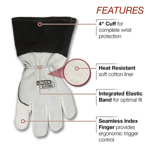 DynaMIG Traditional MIG Welding Gloves With Top Grain Leather For All Day Comfort And Dexterity, showing features and finger detail.