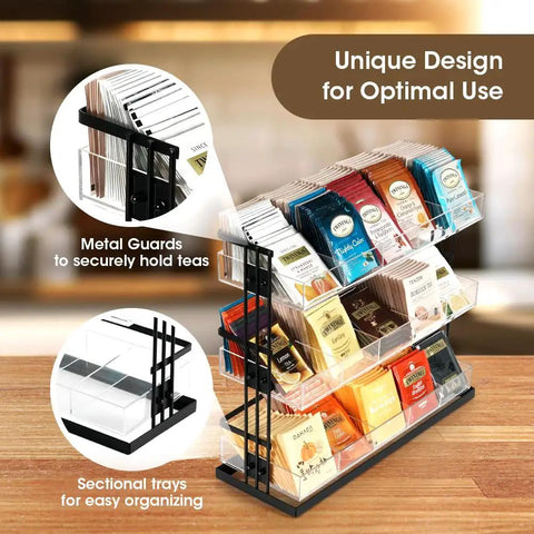 Three Tier Tea Bag Organizer With Clear Acrylic Compartments And Black Steel Frame Holds 15 Compartments For Coffee Station Storage On Countertop Or In Cabinet Great For Office And Kitchen, displayed with tea bags and sectional trays