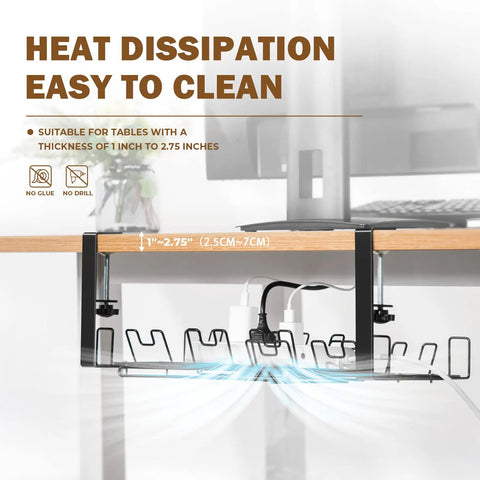 Retractable Under Desk Cable Management Tray With No Drill Clamp for Home Office showing heat dissipation and desk compatibility