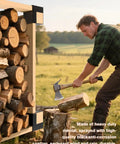 Tough As Nails 4 Pack 3-Way Corner Brackets supporting a wood stack outdoors while a person chops wood nearby.