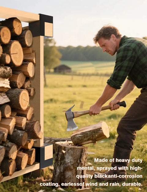 Tough As Nails 4 Pack 3-Way Corner Brackets supporting a wood stack outdoors while a person chops wood nearby.