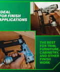 Pro Grade Finish Stapler For Trim And Furniture, 18 Gauge Pneumatic Nailer with 1/4 Inch Crown Staples in use on wood