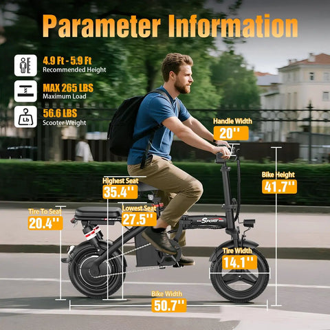 Foldable Electric Bike For Adults And Teens With 1200W Peak Motor Up To 25 MPH 45 Mile Pedal Assist Range dimensions display