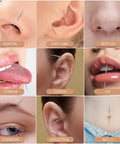 Image showing various piercings on different body parts, demonstrating potential uses for the Piercing Taper Ball Grabber Tool For Easy Jewelry Change And Flat Back Earrings Insertion, Perfect For Quick Swap With 14G 16G 18G And 20G Nose Ear Navel Lip Eyebrow Piercings, Includes Threadless And Internal External Thread Inserts.
