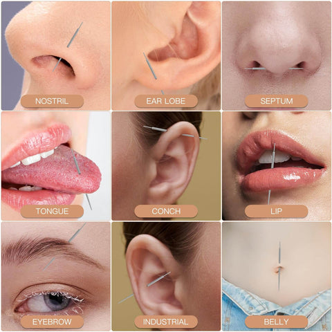 Image showing various piercings on different body parts, demonstrating potential uses for the Piercing Taper Ball Grabber Tool For Easy Jewelry Change And Flat Back Earrings Insertion, Perfect For Quick Swap With 14G 16G 18G And 20G Nose Ear Navel Lip Eyebrow Piercings, Includes Threadless And Internal External Thread Inserts.