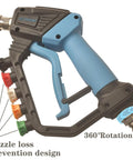 Side view of 5000 PSI Beast Power Pressure Washer Gun with swivel, foam cannon, 5 quick connect nozzles, and 2 adapters.