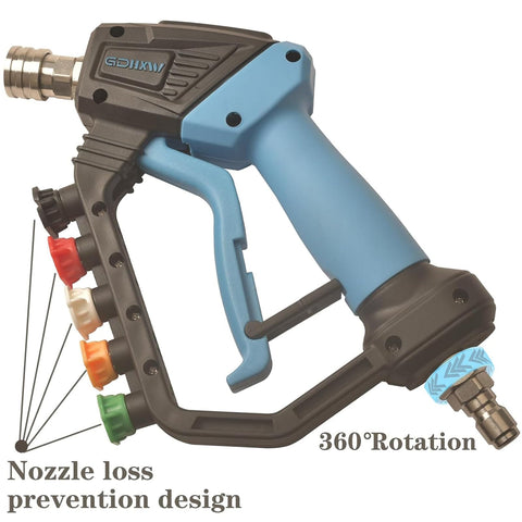 Side view of 5000 PSI Beast Power Pressure Washer Gun with swivel, foam cannon, 5 quick connect nozzles, and 2 adapters.