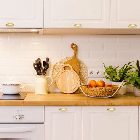 Kitchen cabinets with 12 Pack 3 Inch Brushed Brass Cabinet Drawer Pulls Cup Style Handles For Kitchen Hardware installed.