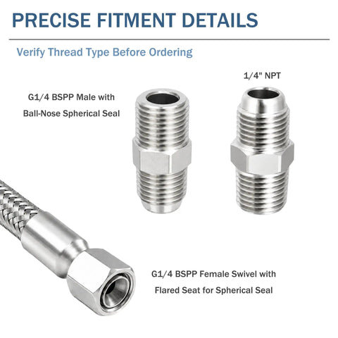 Top Shelf Heavy Duty 1/4 In X 40 In Stainless Steel Air Compressor Jumper Hose with connectors showcasing precise fitment details.