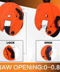 Heavy Duty Vertical Plate Lifting Clamp Built Like A Tank For Serious Sheet Metal Work featuring adjustable 0-0.8 inch jaw opening in orange.